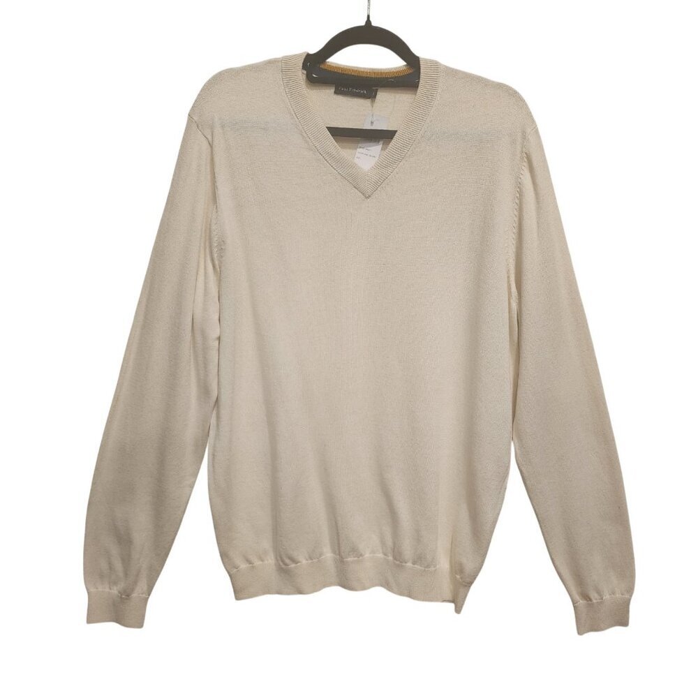 NWT Paul Frederick Men’s Ivory Silk Cotton V-Neck Pullover Sweater Size Large
